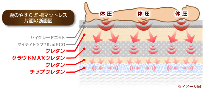 雲のやすらぎ 極マットレス 片面の断面図